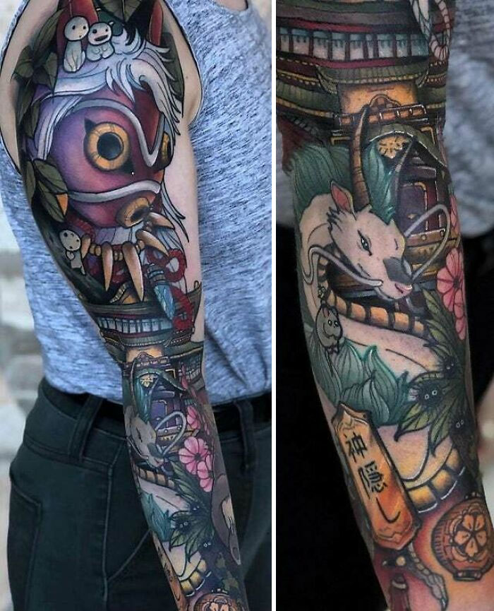 Colorful trippy tattoo sleeve featuring vibrant Japanese folklore elements on a person's arm.