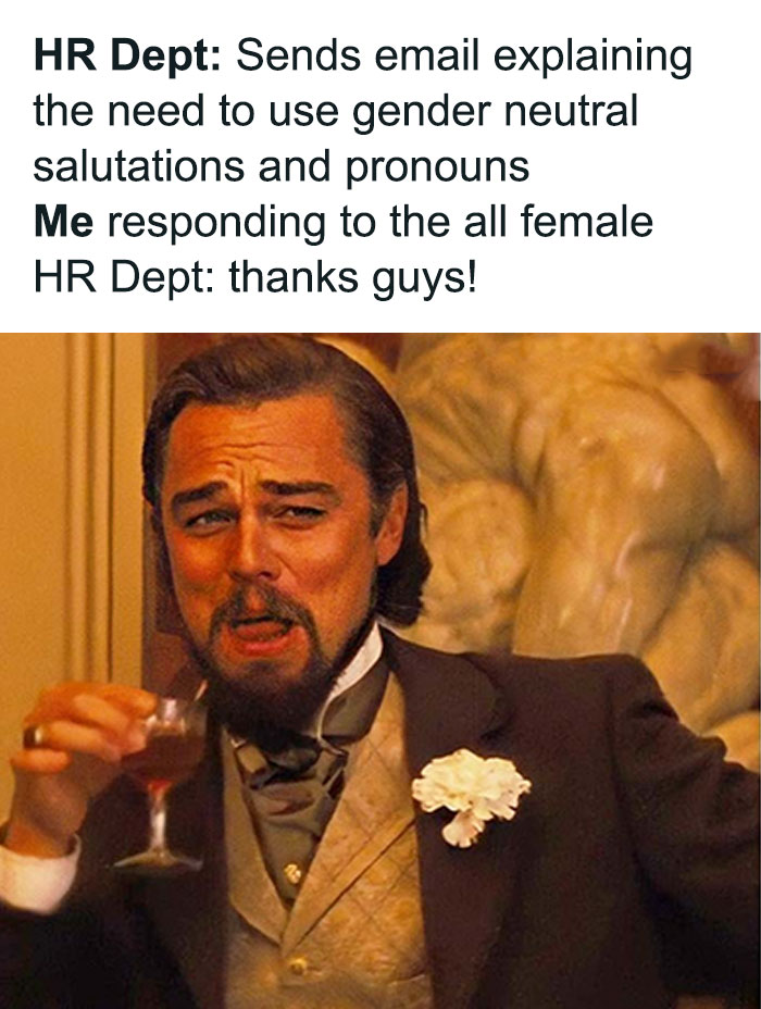 A humorous meme about typical HR person email on gender-neutral salutations with a vintage character holding a drink.