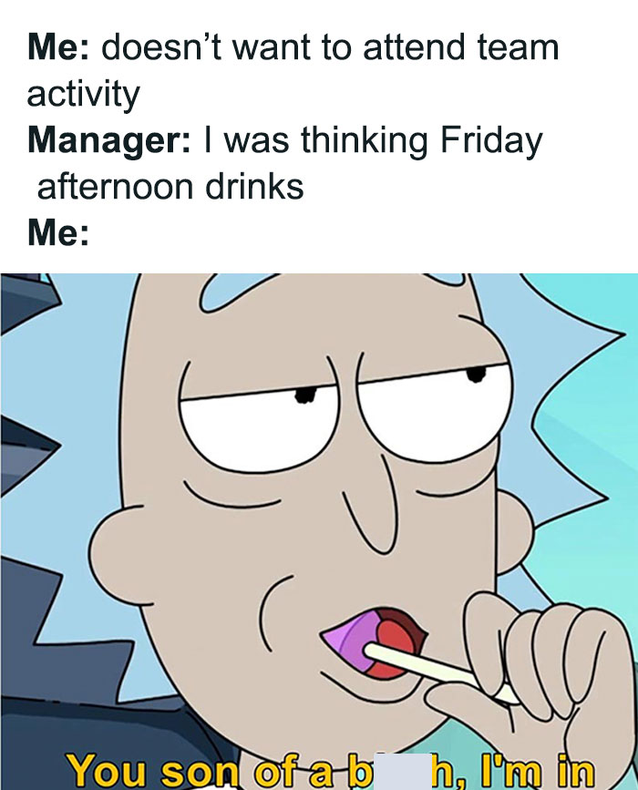 Cartoon character reacting humorously to an HR proposal for Friday drinks, embodying a typical HR person meme.