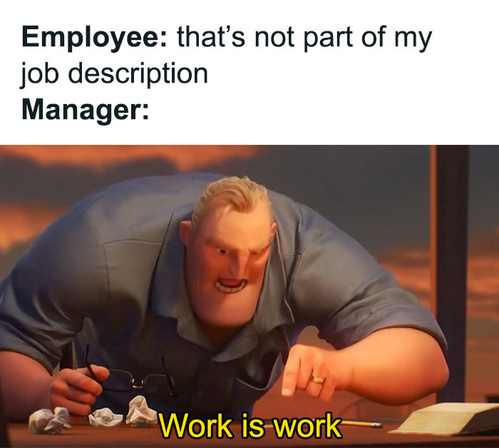 Cartoon man leaning forward humorously, relating to typical HR memes.