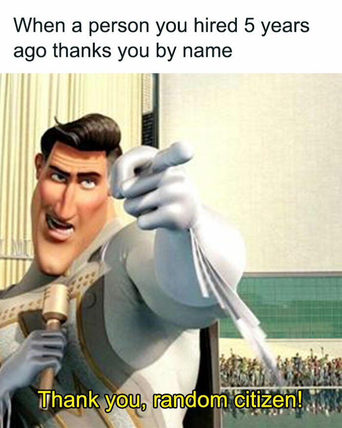 Animated character humorously thanking in a typical HR meme, pointing with a microphone.