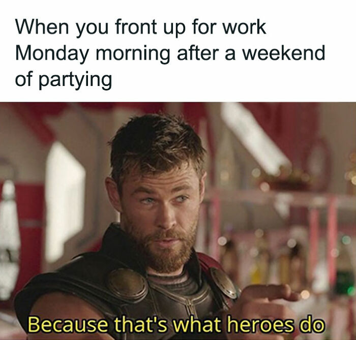 Actor in superhero costume nodding with text about work after weekend, illustrating a typical HR meme.