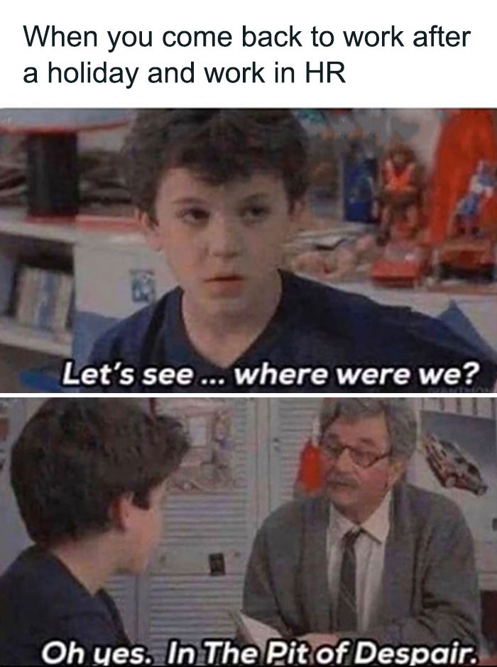 Young boy and older man in a humorous HR meme about returning to work, referencing "The Pit of Despair."