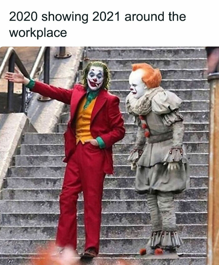 Two clowns in costume walking down stairs, representing a typical HR person's meme humor.