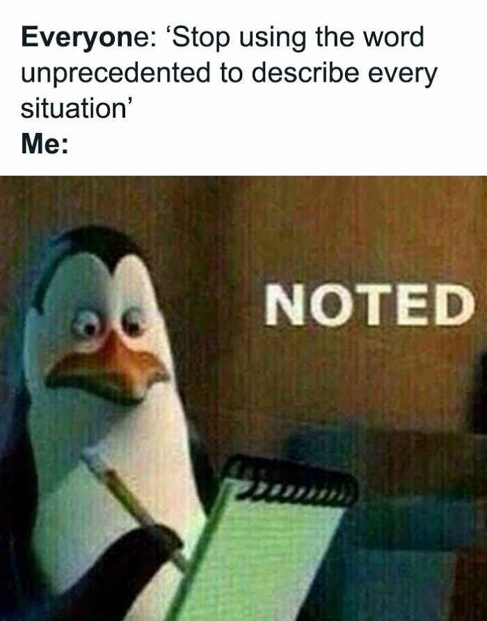 Penguin meme with text dialogue, humorously illustrating a typical HR person's reaction to overused words.