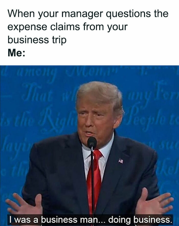 Man in suit humorously defending expense claims, embodying a typical HR meme scenario.