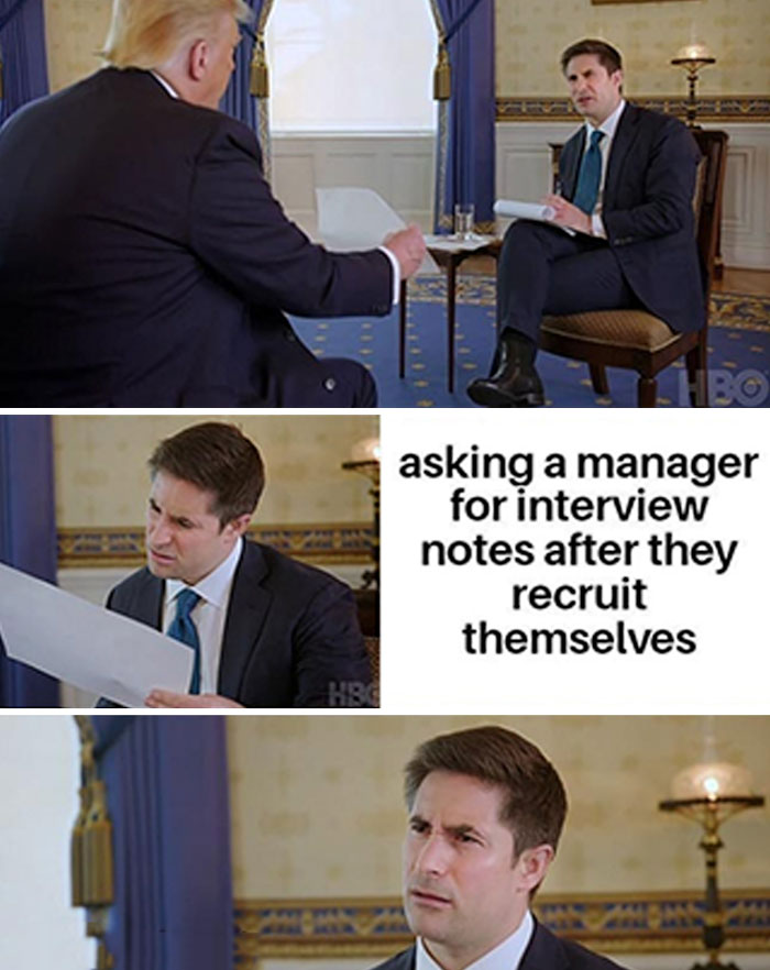 Two men in a room; one looks confused, with text about a typical HR person dealing with self-recruiting managers.