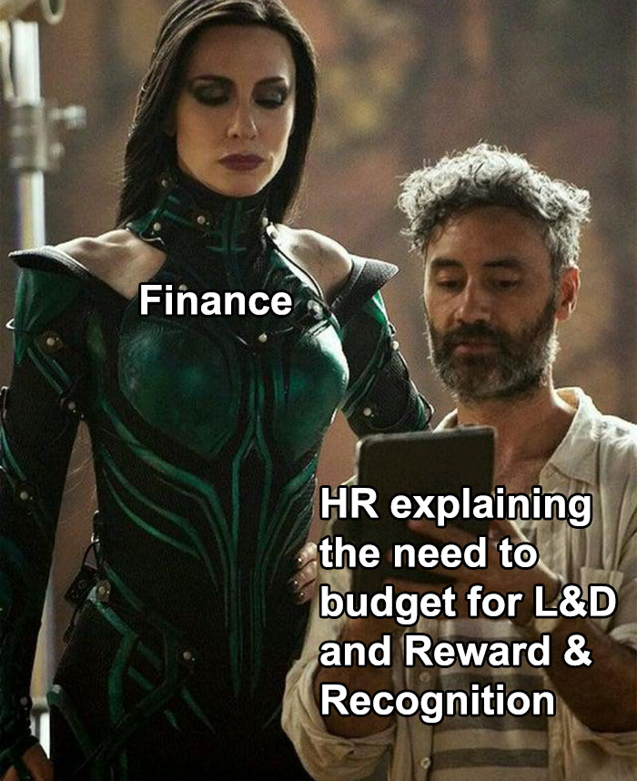 HR person humorously debating budget with finance, depicted in a humorous meme.