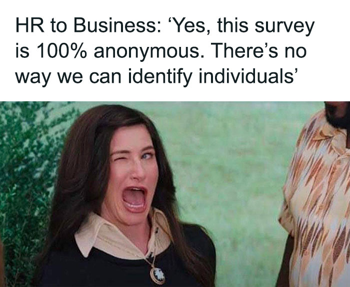 Winking woman in a humorous HR meme about surveys and anonymity.