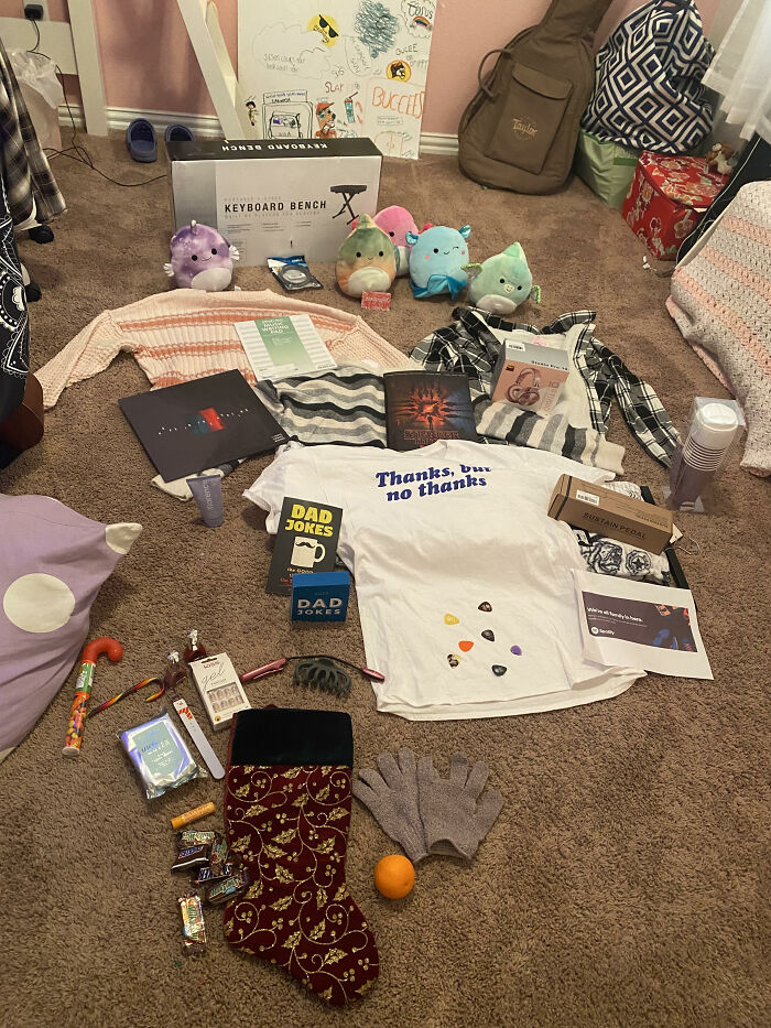 Lots Of Music Stuff Including Spotify Premium And A Sustain Pedal For My Electric Keyboard, Two Flannels And Two Sweaters, A Record, And A Bunch Of Squishmallows From My Older Brother