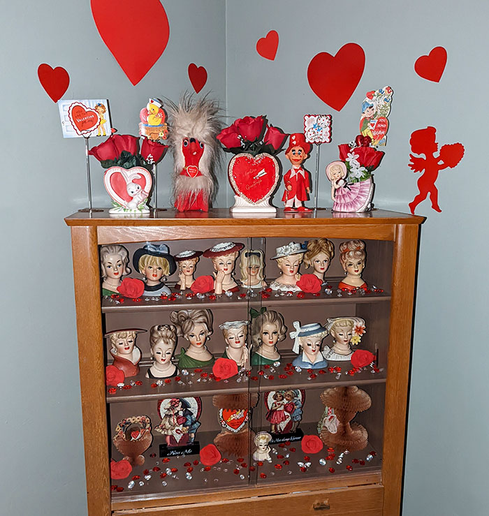 My Valentine's Day-Themed Hutch. Featuring Some Kitschy Vintage Items, My Head Vase Collection, And Some Honeycomb Beistle Pieces