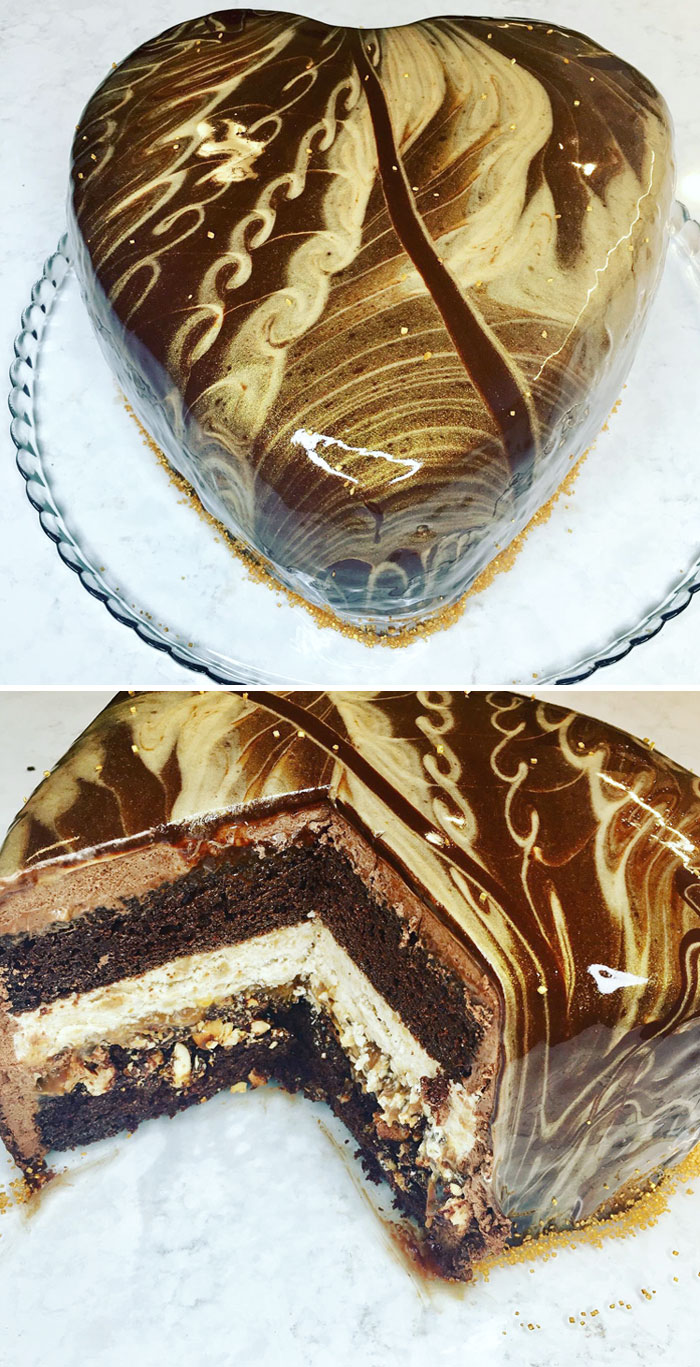 Last Night I Made The Best Cake For Valentine's Day. It’s A Hazelnut Chocolate Mousse Cake With A Salted Caramel Crunch Layer