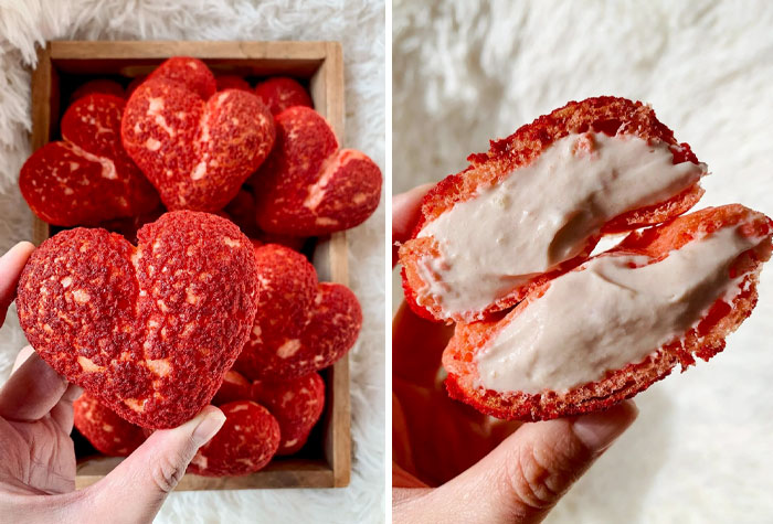Heart-Shaped Choux Au Craquelin With Strawberry Cheesecake Filling For Valentine's Day