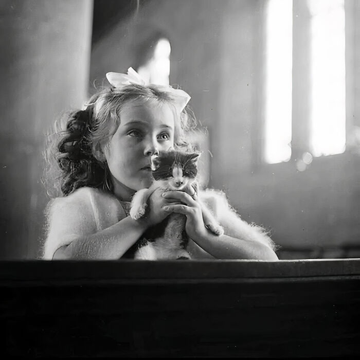 Nothing Less Than A Beautiful Little Girl With Her Tiny Kitten During An Animal Service In England, UK, In 1949