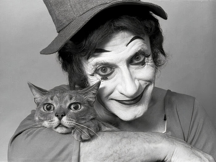 The Intention Of French Mime Artist Marcel Marceau Was Good, But The Kitten Doesn't Seem To Have Liked The Appearance Of The Character Bip The Clown Very Much. New York City, United States, 1973