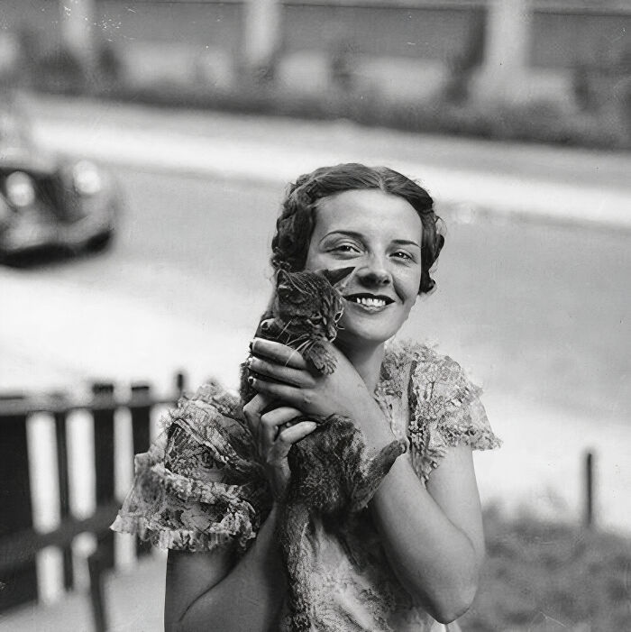 In The Year 1937, The Then Miss Toronto, In Canada, Billie Hallam, Was Clicked Together With This Kitten In Front Of Her House Yard On Booth Avenue