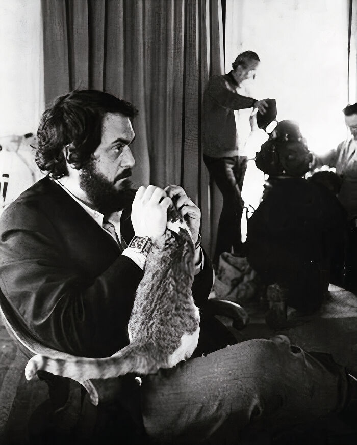 American Filmmaker Stanley Kubrick Petting A Cat On The Set Of The Movie A Clockwork Orange, From 1971