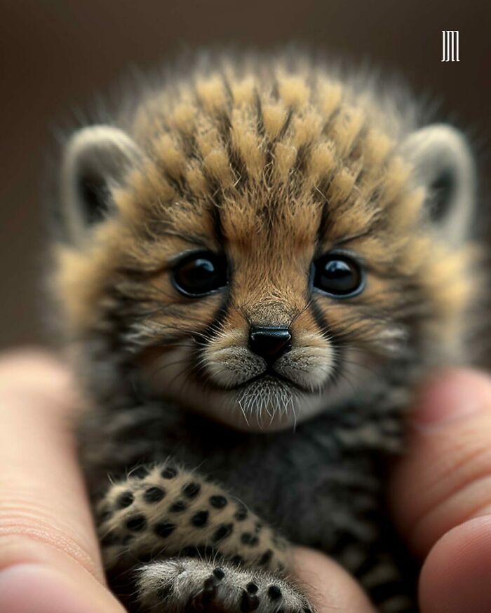 AI-generated micro baby animal, held gently, with a close-up of its detailed fur and big eyes.
