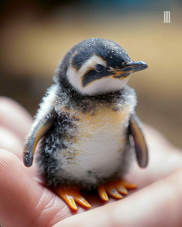 AI-created micro baby animal, a tiny penguin, perched on a person's hand.