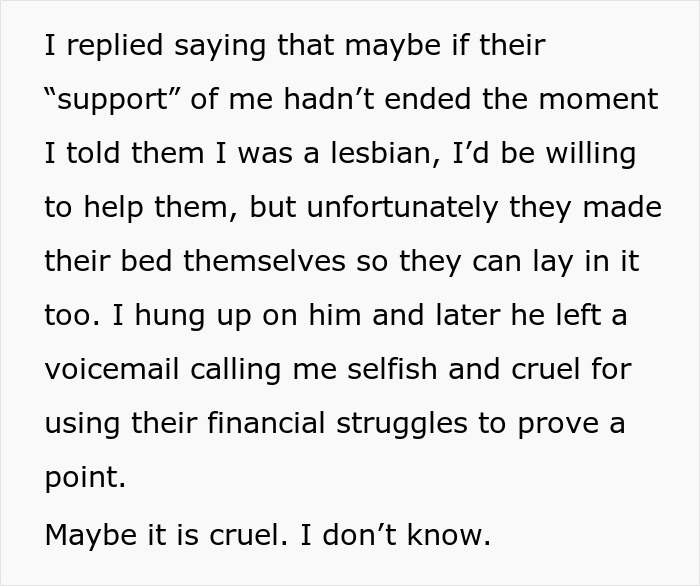 Daughter Who Was Disowned By Her Parents For Being Gay Refuses To Support Them Financially, Wonders If She's Being Cruel Daughter Who Was Disowned By Her Parents For Being Gay Refuses To Support Them Financially, Wonders If She's Being Cruel