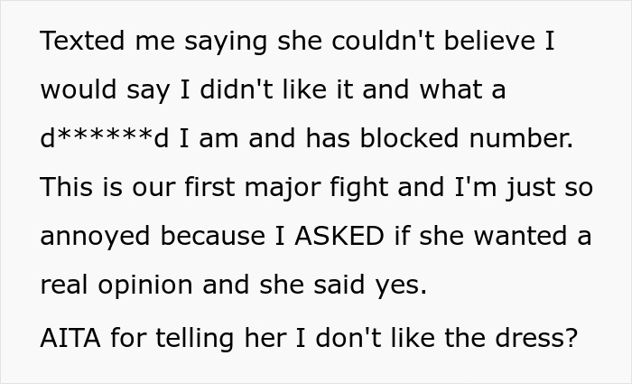 Woman Blocks Fianc&eacute;&rsquo;s Number And Stays At Mom&rsquo;s House After He Gives An Overly Honest Opinion On Her Wedding Dress