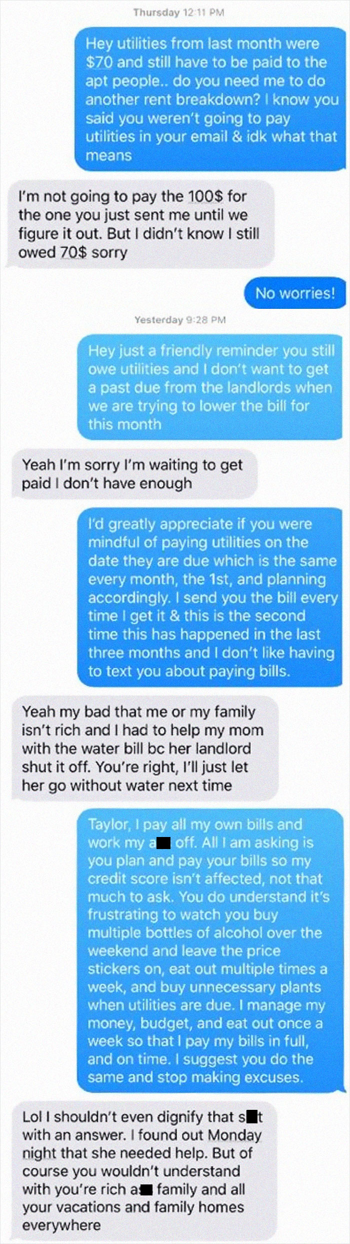 *Asks Roommate To Pay Utilities Bill That Is 9 Days Past Due*