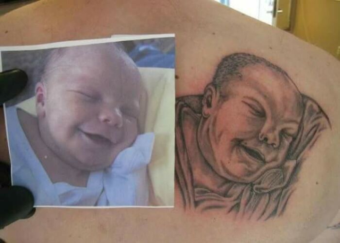 Photo of a baby next to a tattoo of the same baby on someone's skin, highlighting cringe-worthy tattoo outcomes.