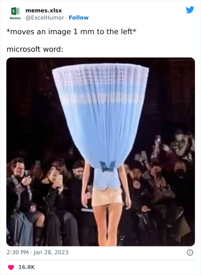 Runway model with oversized blue curtain dress in a Microsoft Word meme.