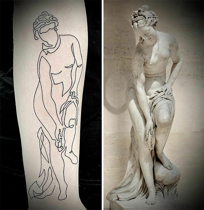 Single-line tattoo of a classical statue, showcasing minimalist design alongside the original sculpture.