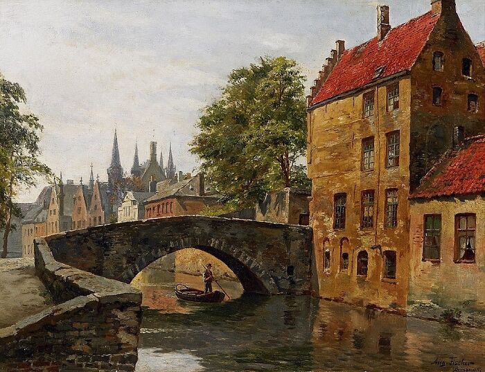 View of Bruges with town hall by August Fischer, oil on canvas, 1905