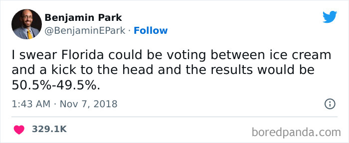Tweet by Benjamin Park humorously roasting Florida's voting choices with a comparison between ice cream and a kick to the head.