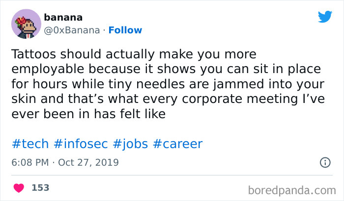 Tweet humorously comparing tattoos to corporate meetings, tagged #jobs.