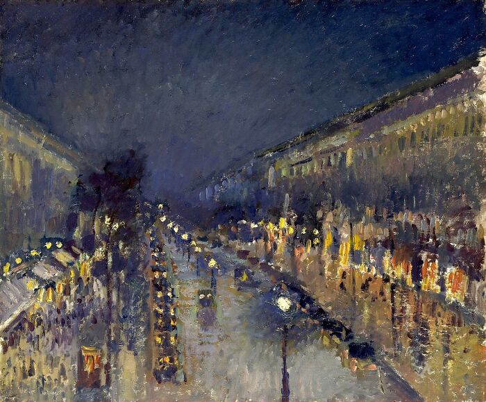 The Boulevard Montmartre At Night by Camille Pissarro, oil on canvas, 1897