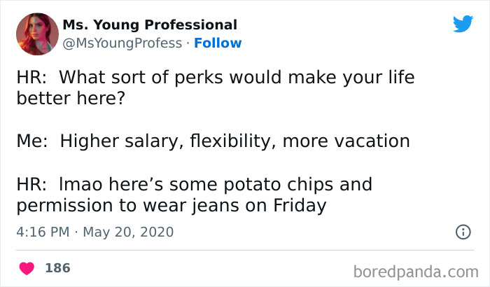 Funny "I hate my job" meme about HR offering potato chips instead of real perks.
