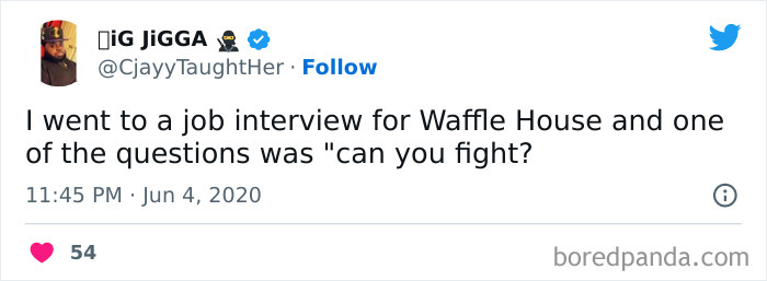 Tweet humorously roasts Florida job interview experience, referencing Waffle House with question "can you fight?"