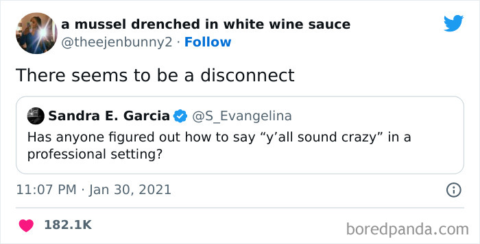 Funny meme about job frustration with tweets discussing how to express "y’all sound crazy" professionally.