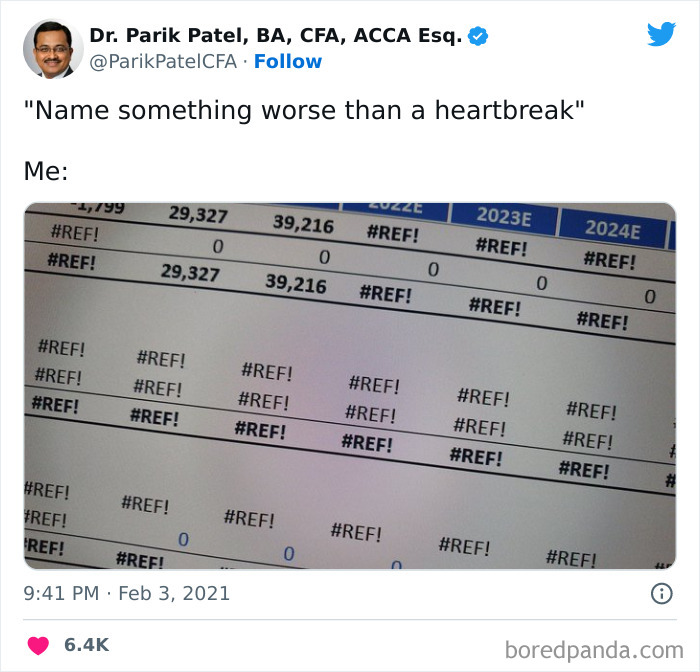 Excel spreadsheet with multiple #REF! errors, humorously related to heartbreak.