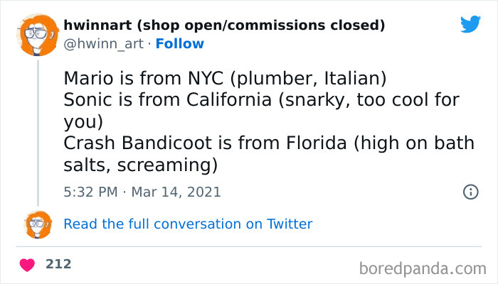 Tweet humorously comparing fictional characters to different U.S. states, with Crash Bandicoot associated with Florida.