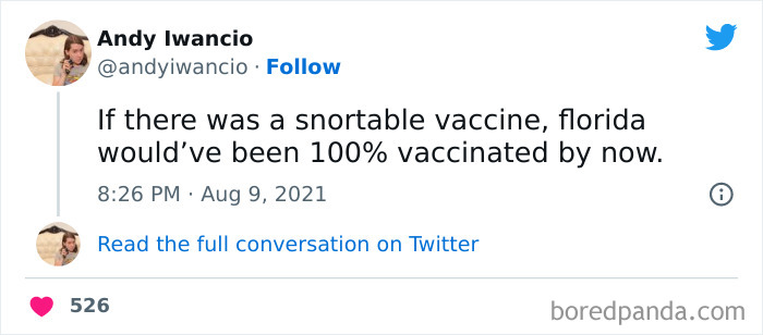 Tweet humorously roasts Florida about snortable vaccine uptake.