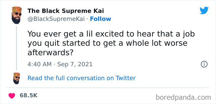 Twitter post with a funny “I hate my job” meme about feeling relieved after quitting a job that worsens later.