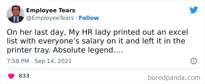"Funny 'I hate my job' meme featuring a tweet about an HR lady's last day prank with salary list."