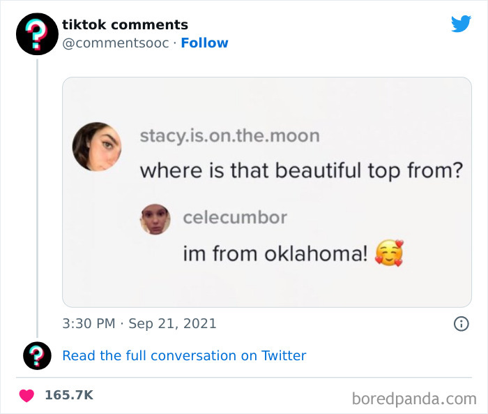 Screenshot of a funny TikTok comment exchange shared on a Twitter page featuring weird and unhinged TikTok comments.
