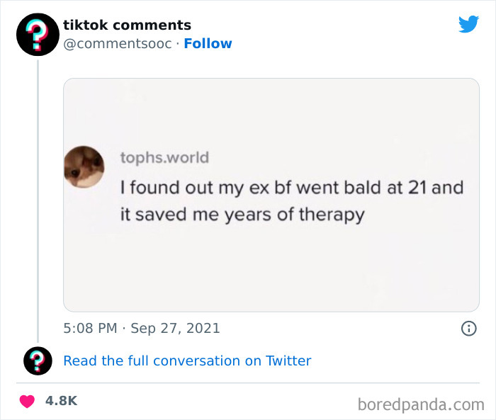 TikTok comment humor about an ex-boyfriend going bald early, showcasing weird and funny TikTok comments.