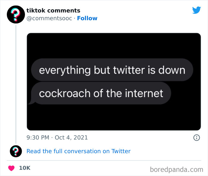 Screenshot of a funny TikTok comment calling Twitter the cockroach of the internet on a black background.