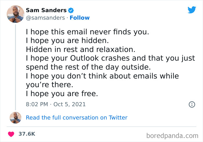 Funny "I hate my job" meme featuring a tweet about avoiding emails and enjoying relaxation.
