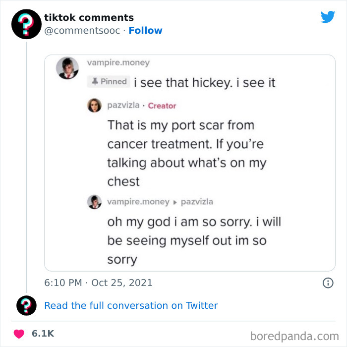 TikTok comments showing funny and unhinged replies about a port scar mistaken for a hickey on Twitter.