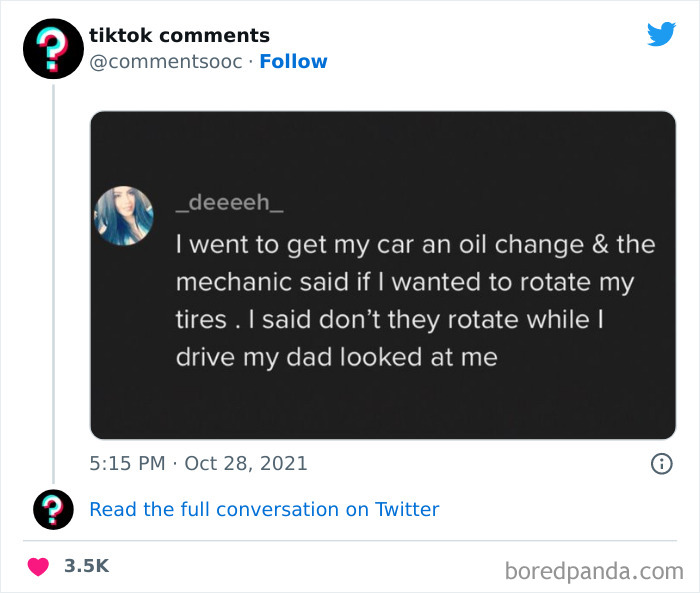 Screenshot of a weird and funny TikTok comment about car tire rotation shared on a Twitter page for unhinged TikTok comments.