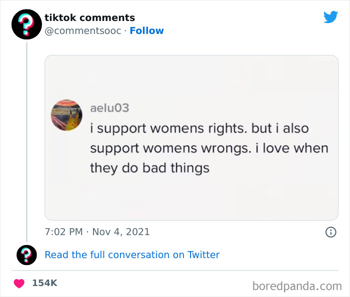 TikTok comment supporting both women's rights and wrongs, showcasing weird and funny TikTok comments from Twitter.