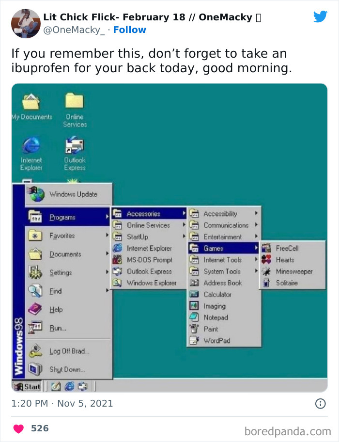 Windows 98 start menu open, displaying Accessories and Games, with a humorous caption about age.