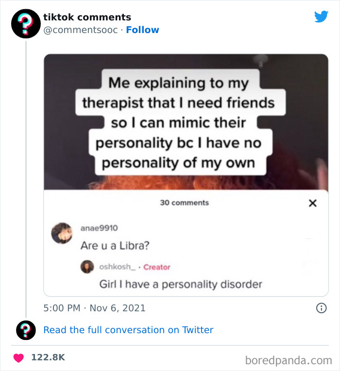 TikTok comments showing a funny and weird conversation about personality and friends on social media.